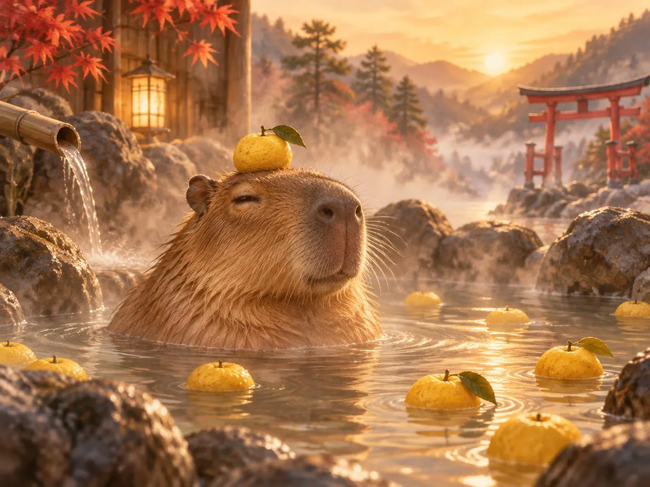 A capybara relaxing in a Japanese hot spring with a yuzu on its head