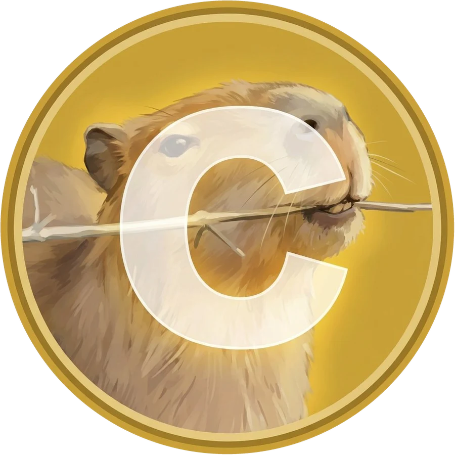 The Capecoin: a gold coin with a capybara chewing a twig